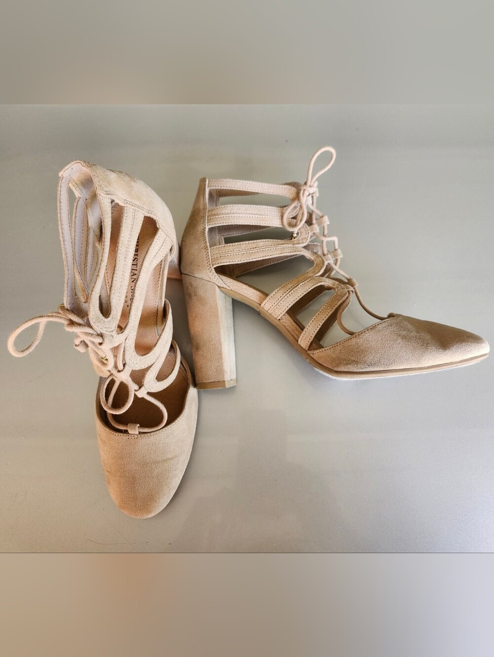 Lace-Up Strappy Block Heel Pumps in Tan